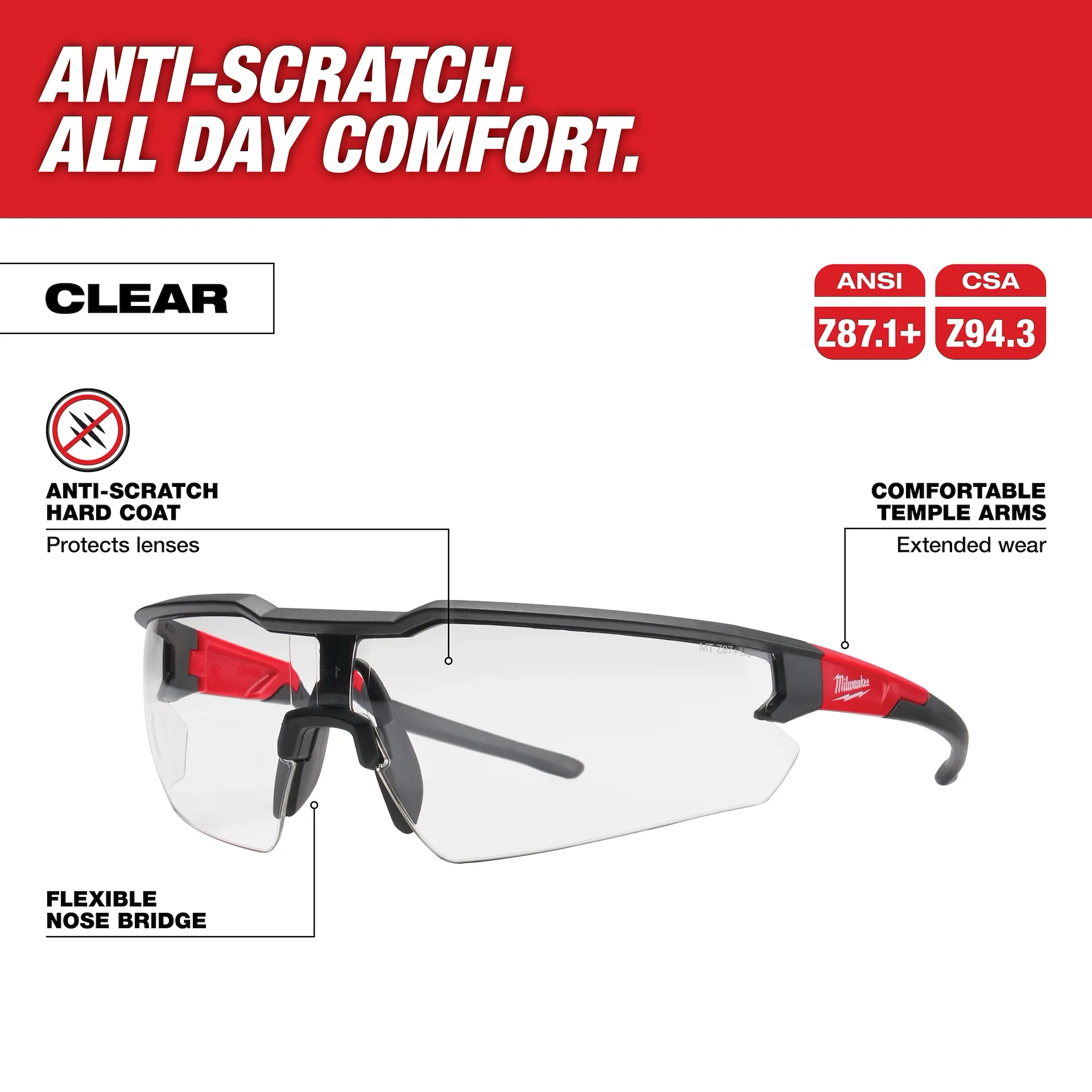 Milwaukee Safety Glasses - Clear Anti-Scratch Lenses