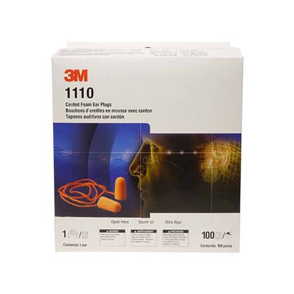 3M -1110 Corded Foam, Noise Reduction Ear Plugs ,Box Of 100 Each