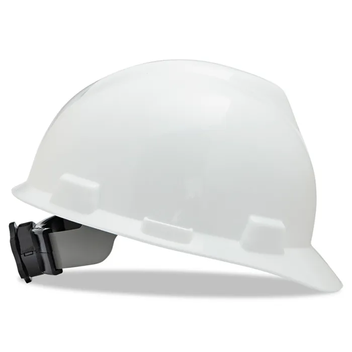 MSA Safety Helmet White, V-Gard® Polyethylene Cap Style Hard Hat With 4 Point Ratchet/Ratchet Suspension