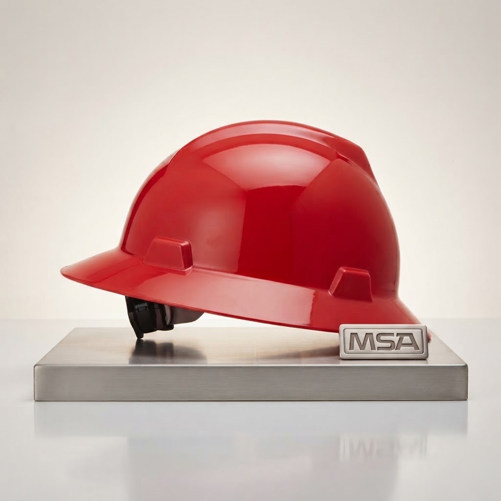 MSA V-Gard Full Brim Hard Hat With Ratchet/4 Point Ratchet Suspension, Red