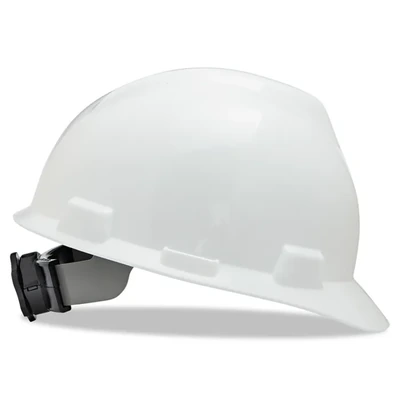 MSA Safety Helmet White, V-Gard® Polyethylene Cap Style Hard Hat With 4 Point Ratchet/Ratchet Suspension